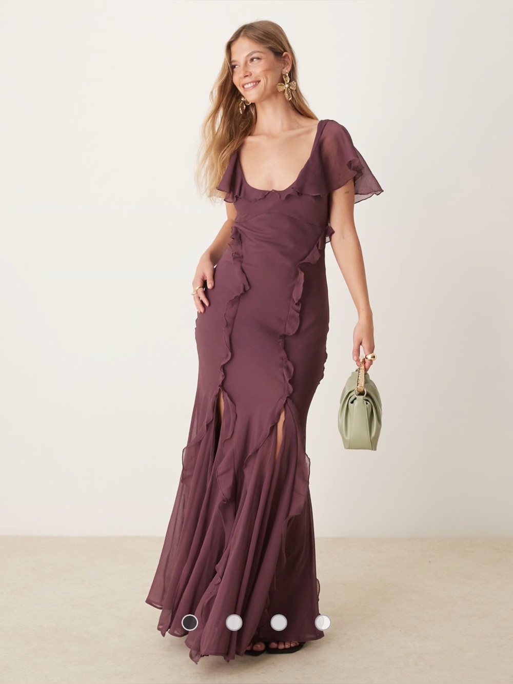 New ASOS DESIGN flutter sleeve ruffle flare maxi dress in aubergine US 16
